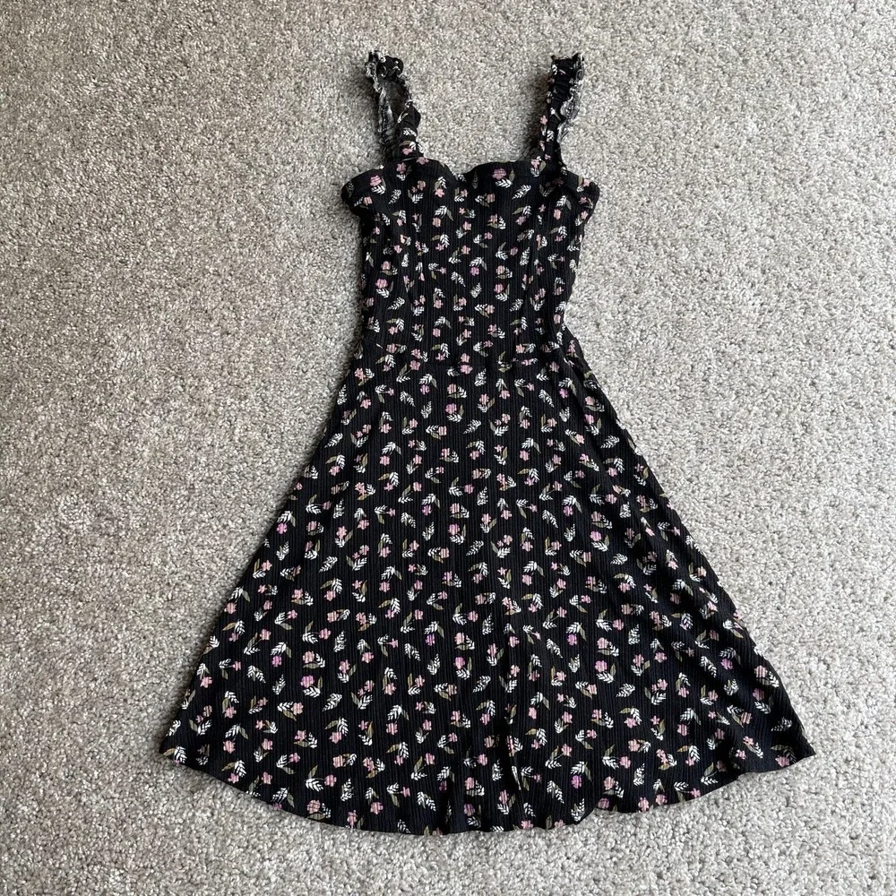 Billabong Dress Womens S Black Floral Square Neck Knit Sundress Fit & Flare